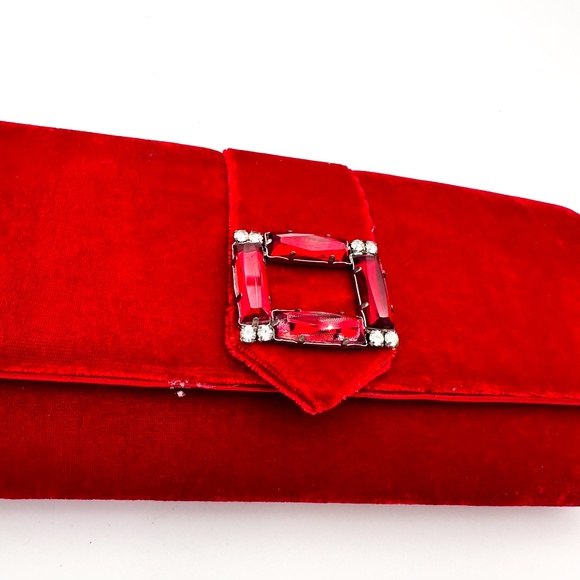 Red Velvet Clutch Lapis Purse w/ Optional Strap Rhinestone Accent - Picture 2 of 11